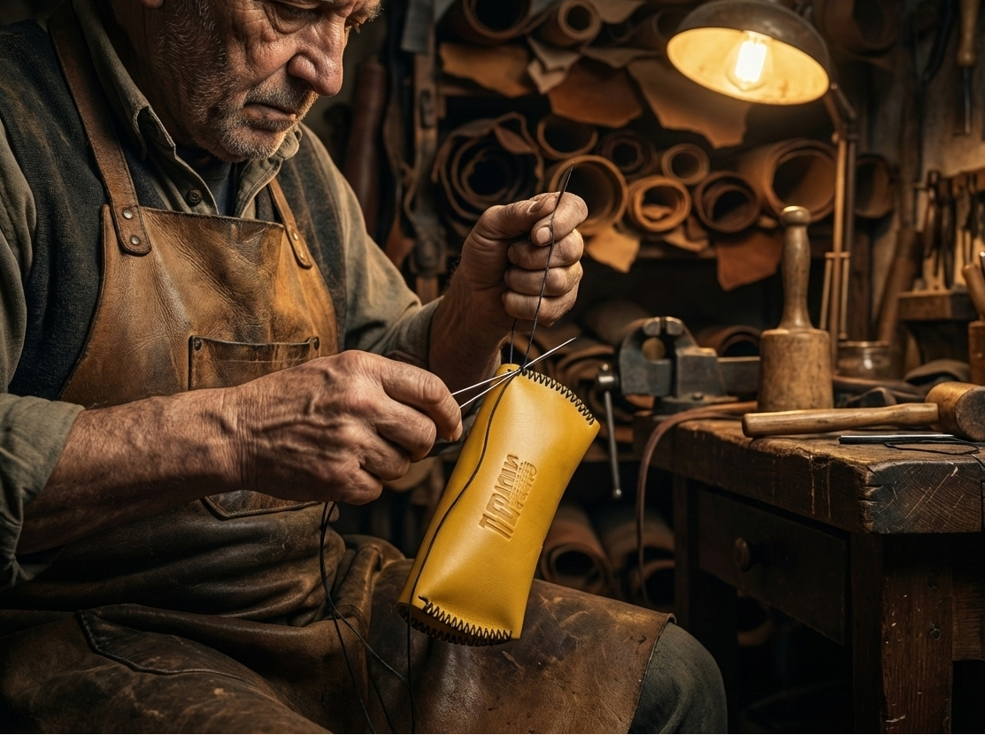 Un peletero esta haciendo fundas de gafas amarillas de cuero de alta calidad